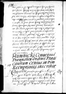 Humnicki conventui praemyslien[sis] oedinis praedicatorum census in vim reemptionis inscribit