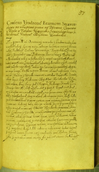 Dokument, w którym Zygmunt III zezwala na odstąpienie prawa lennego do wsi Czauczow i Wizelm podkomorzemu Erazmowi Strawińskiemu na rzecz żołnierza Olbrychta Haraburdy, Warszawa 25 IX 1629 r.