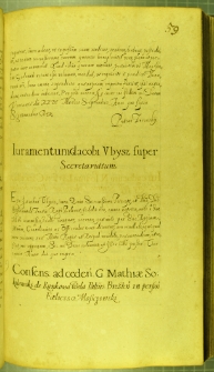 Dokument, w którym Zygmunt III zezwala na scedowanie dożywotnich praw Macieja Sokołowskiego do wsi Kunkowa Wola (woj. brzeskie) na rzecz Feliksa Moszczeńskiego, Warszawa 13 IX 1629 r.