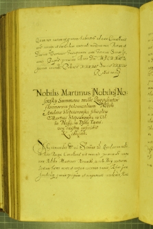 Dokument, w którym Marcin Nossoski zapisuje sumę 1500 zł Andrzejowi Ślepowrońskiemu, na wsi Nosy w powiecie tarczyńskim, Warszawa 26 VI 1630 r.
