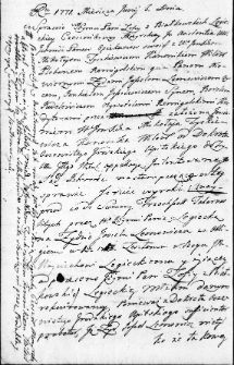 Zapis w protokole dekretowym trybunału Wielkiego Księstwa Litewskiego dotyczący sporu między Zofią z Białkowskich Legiecką cześnikową mozyrską, Mikołajem Tyszkiewiczem komornikiem wileńskim oraz Żydami wileńskimi, Wilno 6 czerwca 1771 r.
