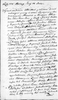 Zapis w protokole dekretowym trybunału Wielkiego Księstwa Litewskiego dotyczący sporu między Janem i Dorotą z Górskich Budkiewiczom, Serwacym i Bogumile z Gronostayskich Górskich i Karolem Wieszczyckim, Wilno 14 czerwca 1771 r.